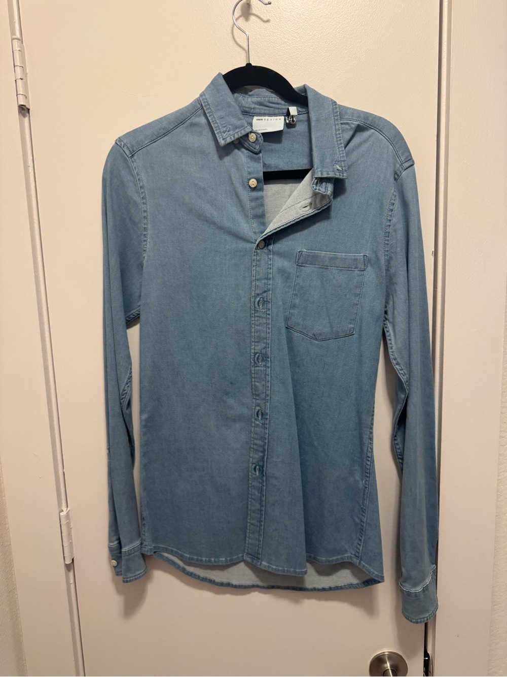 ASOS Design Men's Small Blue Chambray Button Down Shirt Slim Fit Long Sleeve